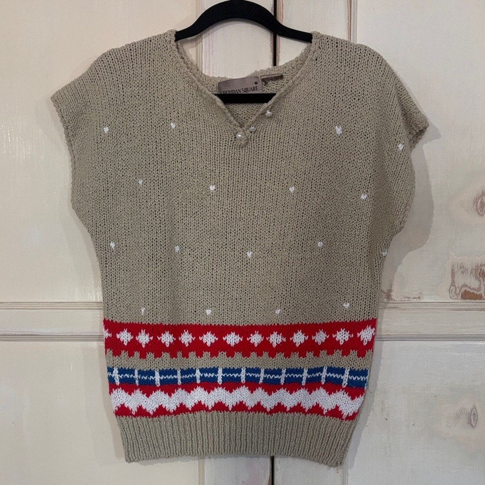 Vintage Beige Sweater with Red and Blue Pattern